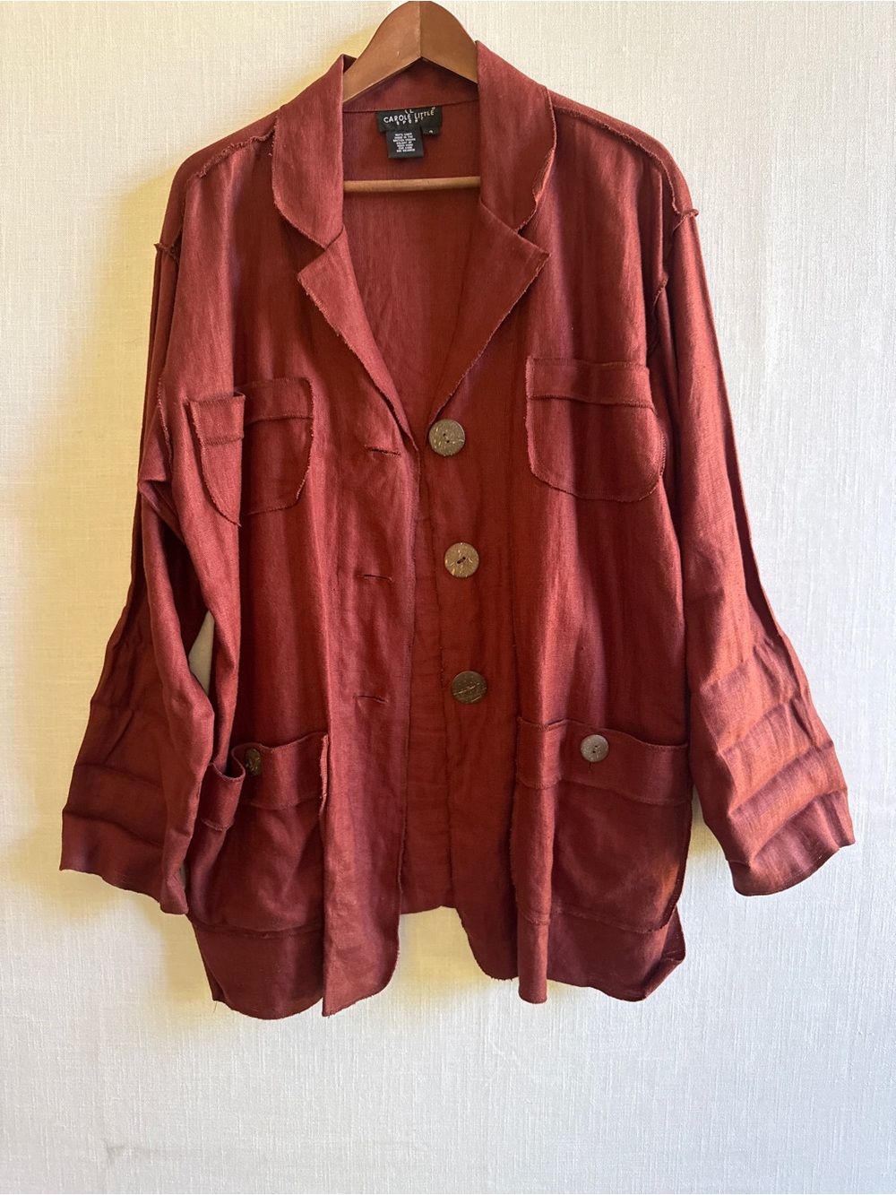 Vintage Carole Little Sport 100% Linen Rust Brown Long Blazer Jacket Size 4